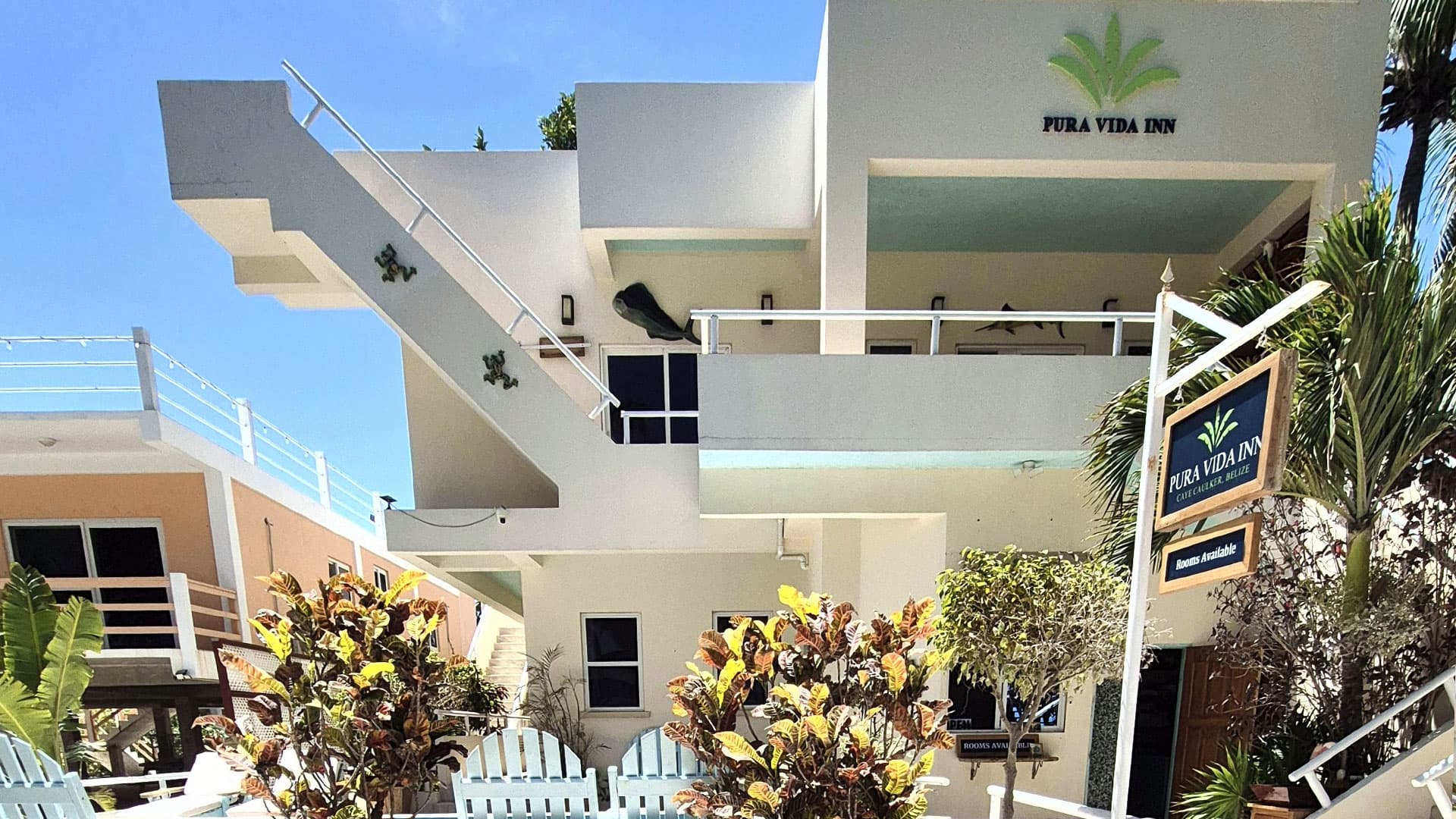 A modern, two-story hotel named Pura Vida Inn surrounded by tropical plants and blue skies.